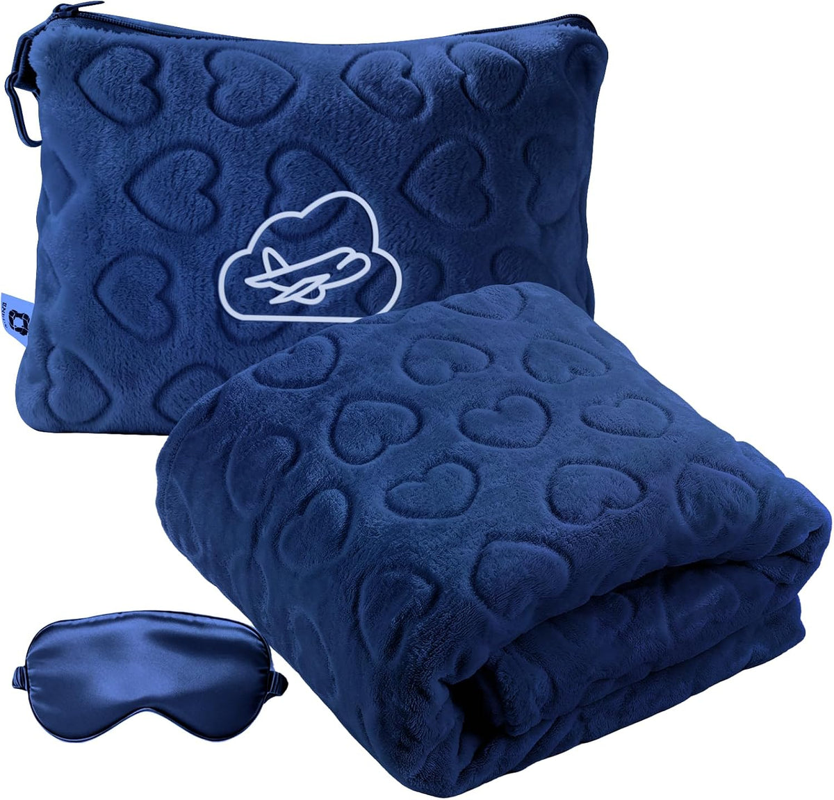 Travel Blanket, Airplane Blanket, Ultra-Soft, Warm & Lightweight, 65x40 in, Outdoor Blanket Essentials for Women, Men & Kids, Included Eye Mask, Luggage Sleeve & Backpack Clip Heart Navy Blue