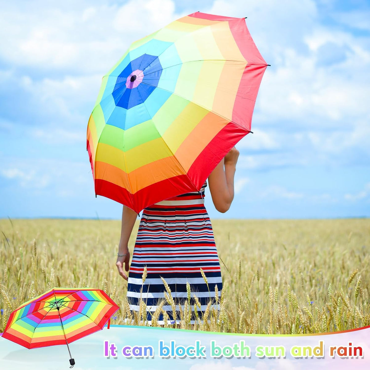 12 Pc Rainbow Umbrella Portable Tri Folded Pride Umbrella Windproof Compact Rain Parasol for Travel Beach Wedding Party