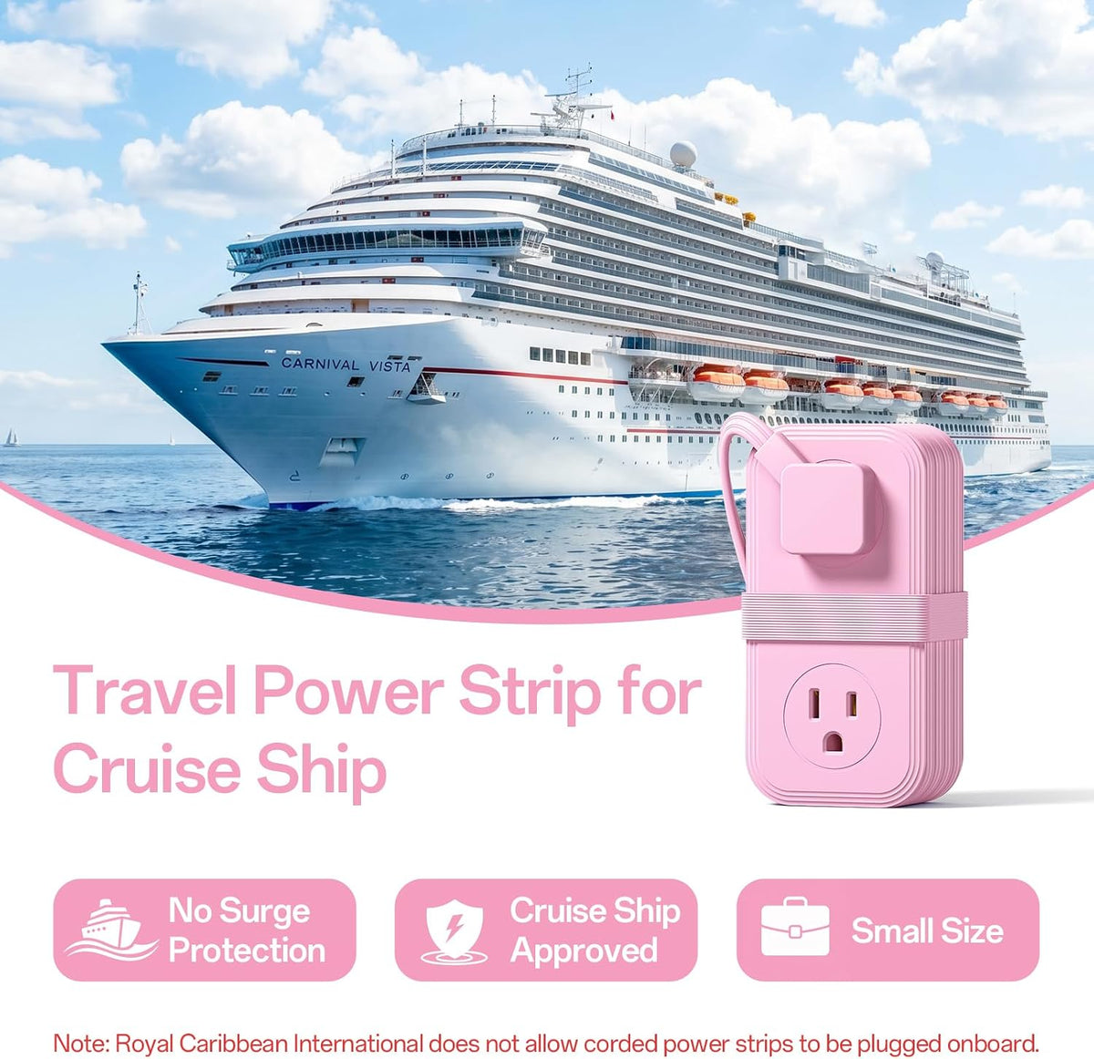 2 Pcs Travel Power Strip, SMALLRT Extension Cord with Multiple Outlets, 3.3FT Wrapped Extension Flat Plug Power Strip with 4 AC Outlets for Travel, Hotel, Cruise Approved, No Surge Protection, Pink