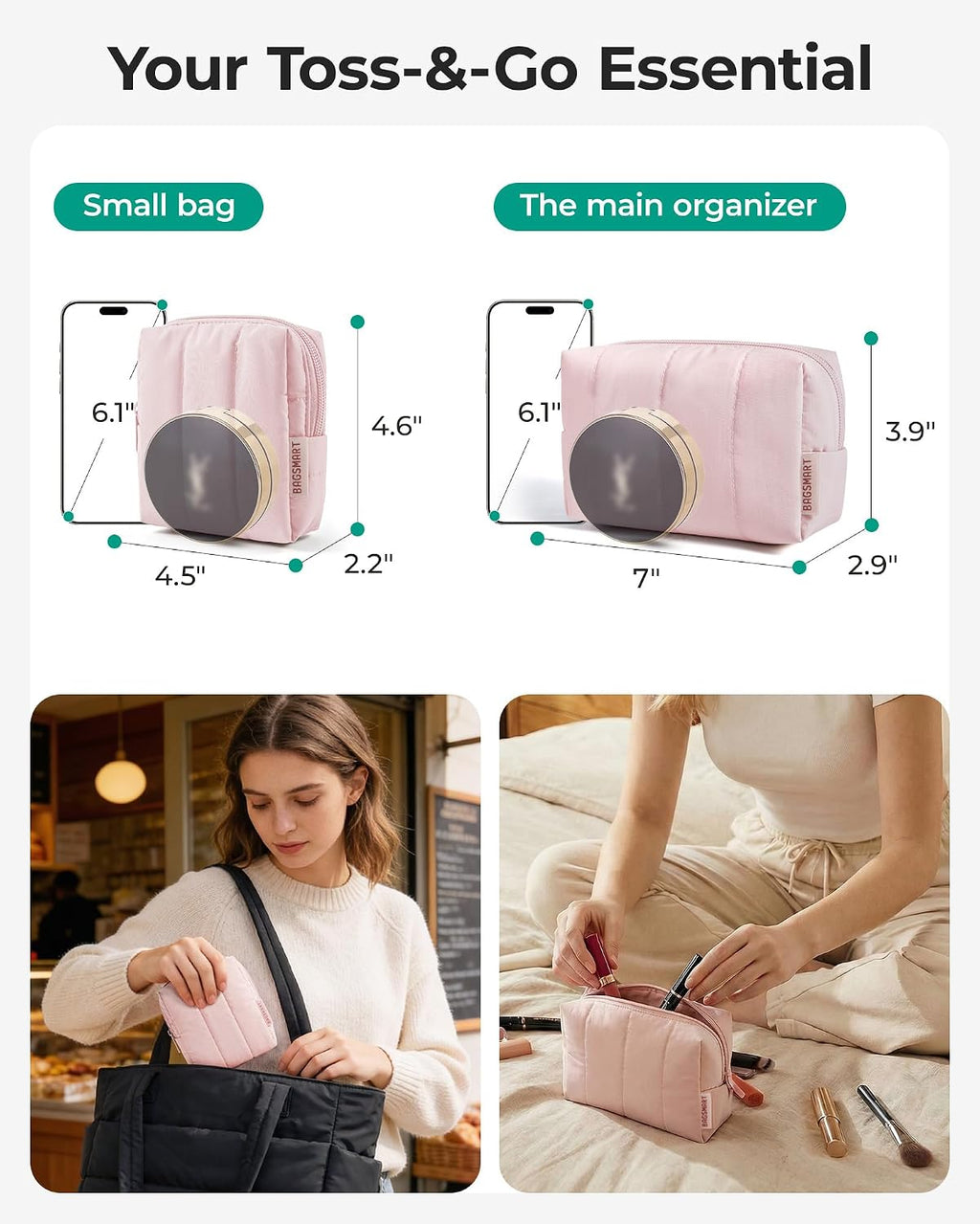 BAGSMART Puffy Travel Makeup Bag Duo Large & Small for Women, Chocolate