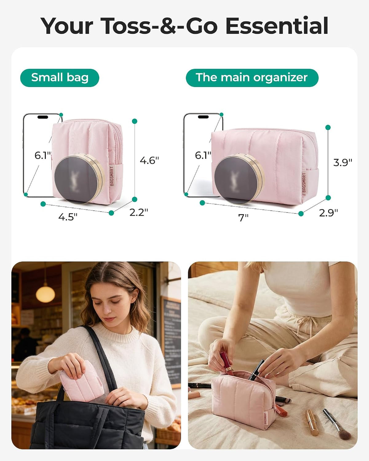 BAGSMART Puffy Travel Makeup Bag Duo Large & Small for Women, Chocolate