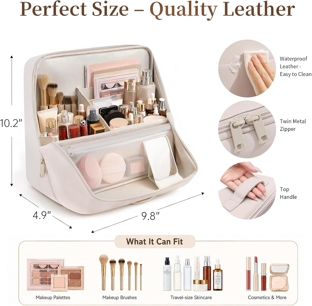 Travel Makeup Bag Standing Folding Leather Cosmetic Organizer with Handle