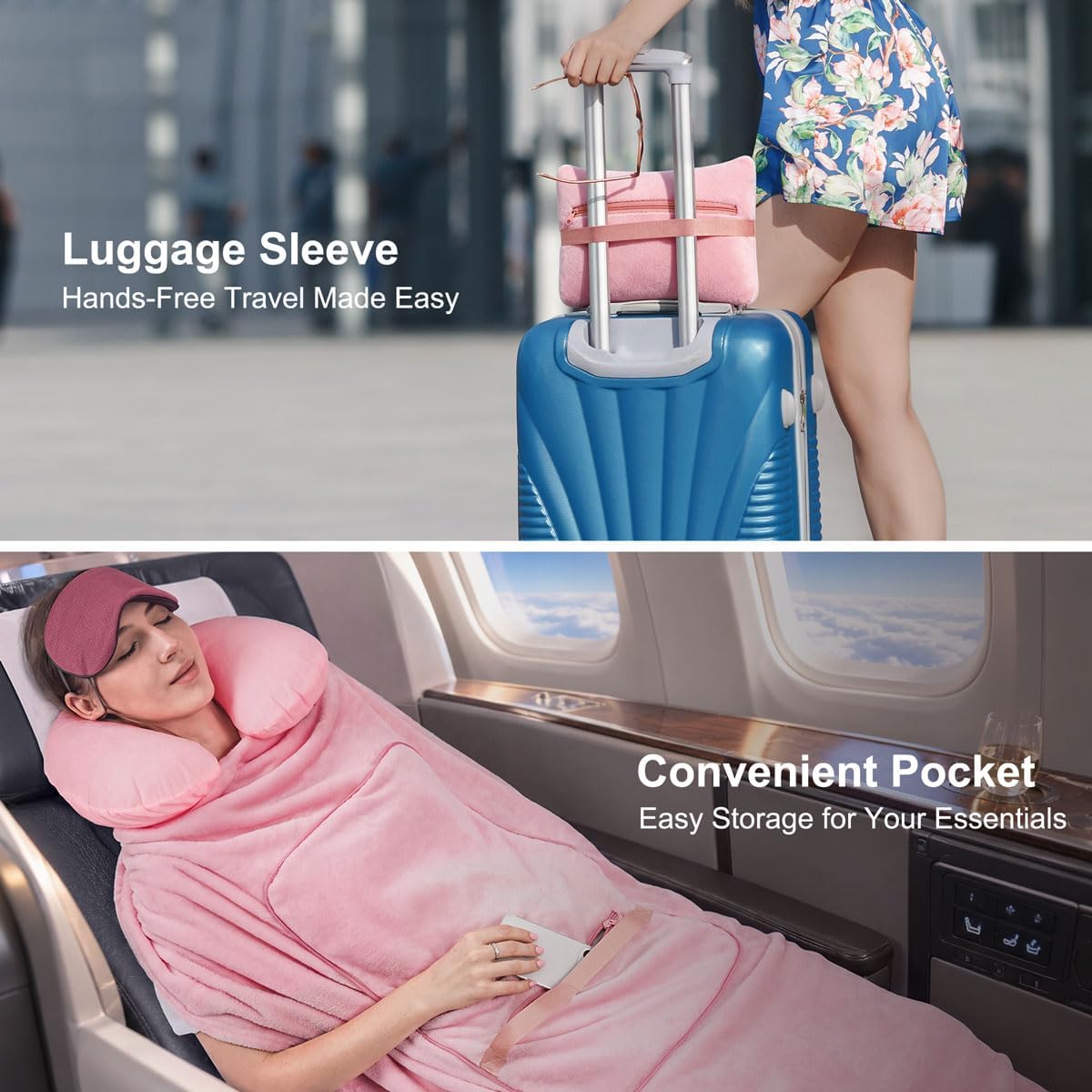 KAWAHOME Travel Blanket Airplane Compact Set with Neck Pillow, Eye Mask