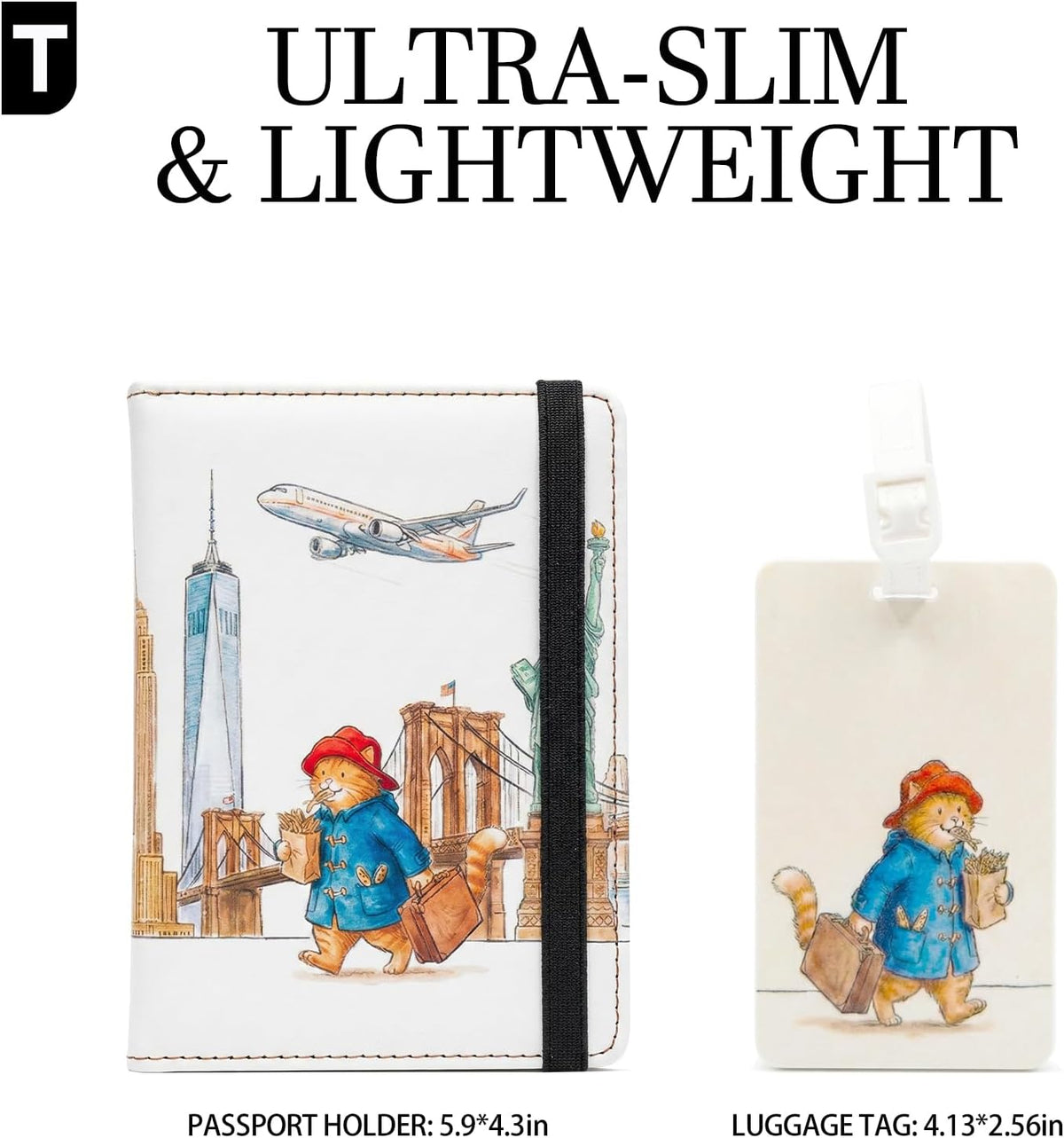 2Pack Cartoon Passport Holder and Luggage Tag Set PU Leather Passport Cover Wallet with Cute Cat Luggage Tag for Travel Suitcase Women and Men