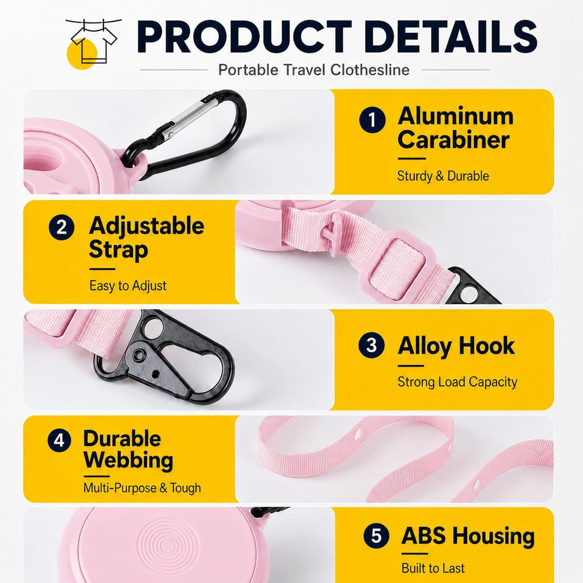 Retractable Travel Clothesline Kit with 10 Foldable Hangers, 20 Clips & Bag