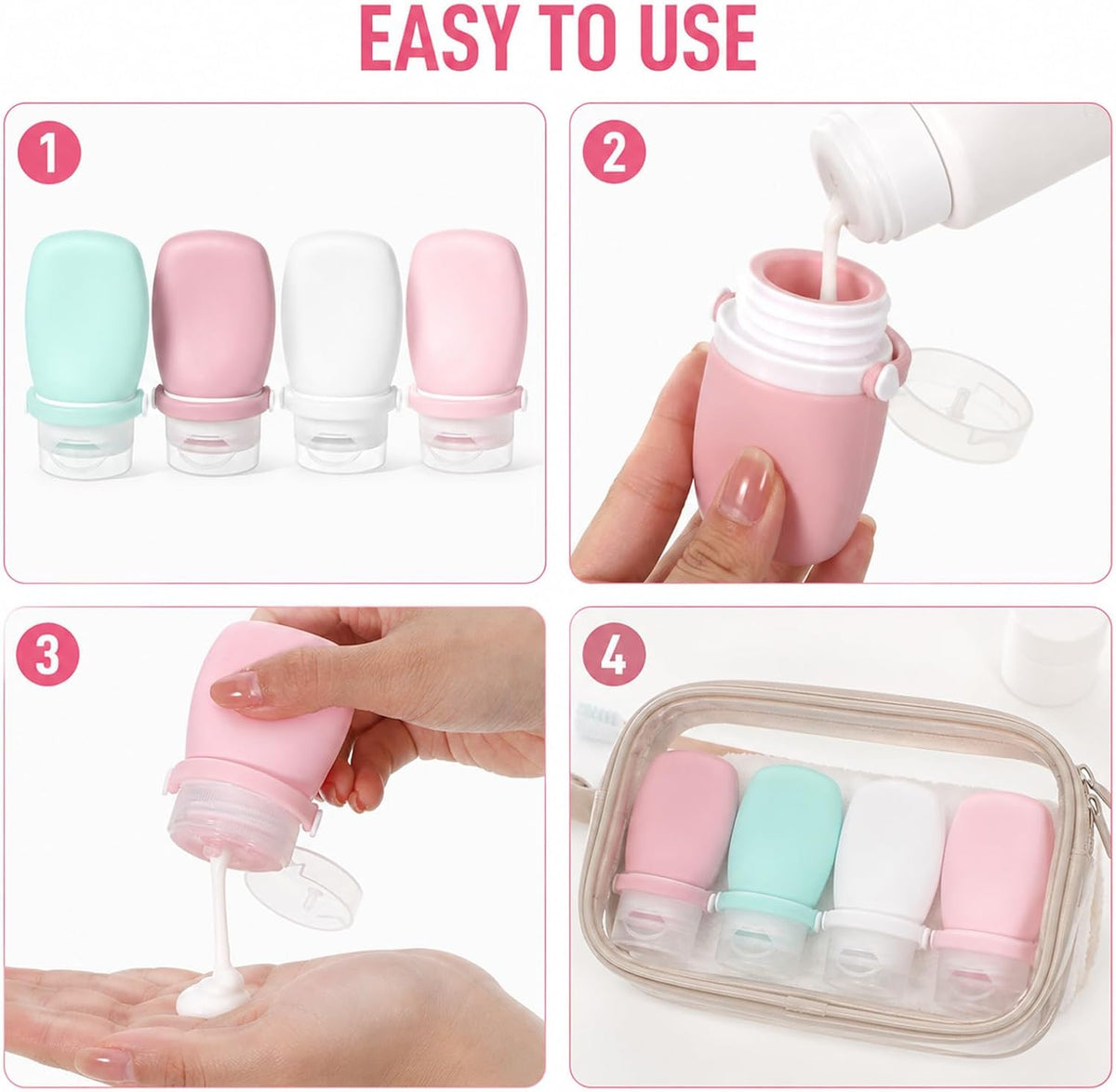1 oz Silicone Travel Bottles, 4Pcs Leakproof Squeeze Bottle TSA Approved Travel Size Containers Shampoo Bottles Lotion Container for Toiletries Conditioner Salad Dressing Conditioner Liquid Toothpaste