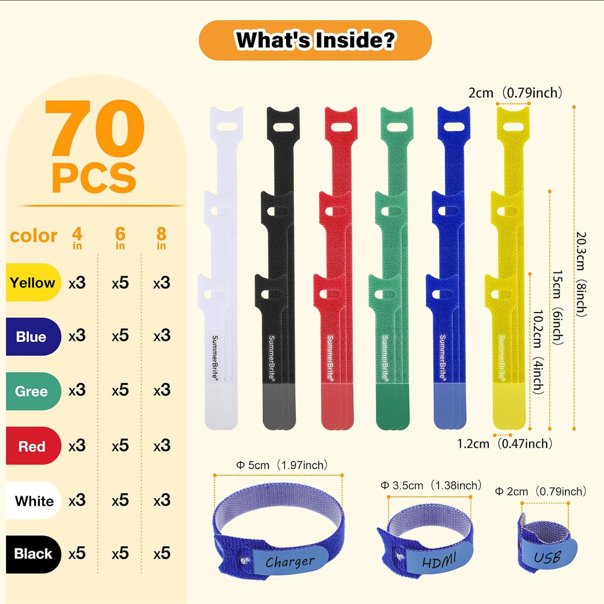 Cable Ties with Writable Labels, Multi-Color, 70 PCS Assorted 4, 6, 8 IN
