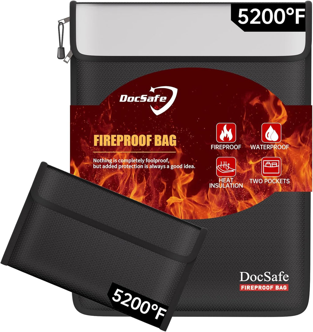 DocSafe Fireproof Document Bag (5200℉) with Fireproof Organizer Travel Case,Heat Insulated Fire＆Water Resistant 8 Layers Safe Money Bag Storage for Important Documents,Cash,Power Bank,Valuables,Black
