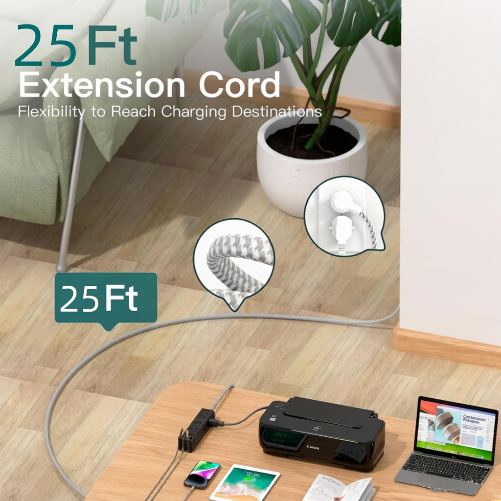 25FT Extra Long Extension Cord, Power Strip with 12 AC Outlet & 4 USB Ports