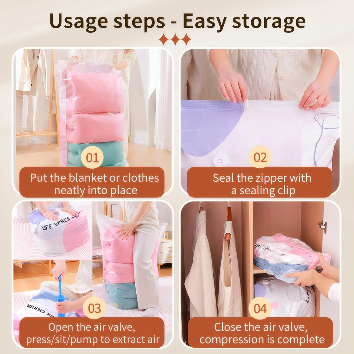 4 Pack Vacuum Storage Bags, Space Saver Bag Vacuum Seal Bags for Clothing Travel Moving Blankets Pillows Storage and Organization (70X 100 cm)