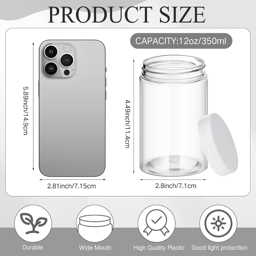 Patelai 4 Pcs Plastic Jars with Lids, Clear, 12 oz, Wide Mouth