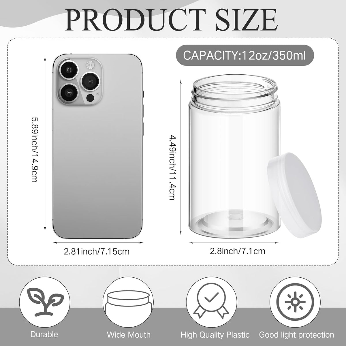 Patelai 4 Pcs Plastic Jars with Lids, Clear, 12 oz, Wide Mouth