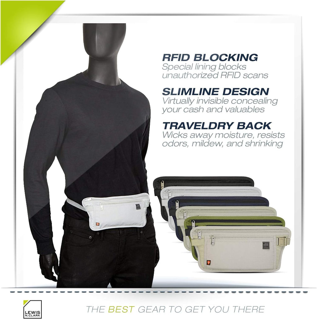 Lewis N. Clark Travel Money Belt Pouch, Slim RFID Blocking Anti Theft Waist Stash Pouches for Cash, Cards and Passport Holder