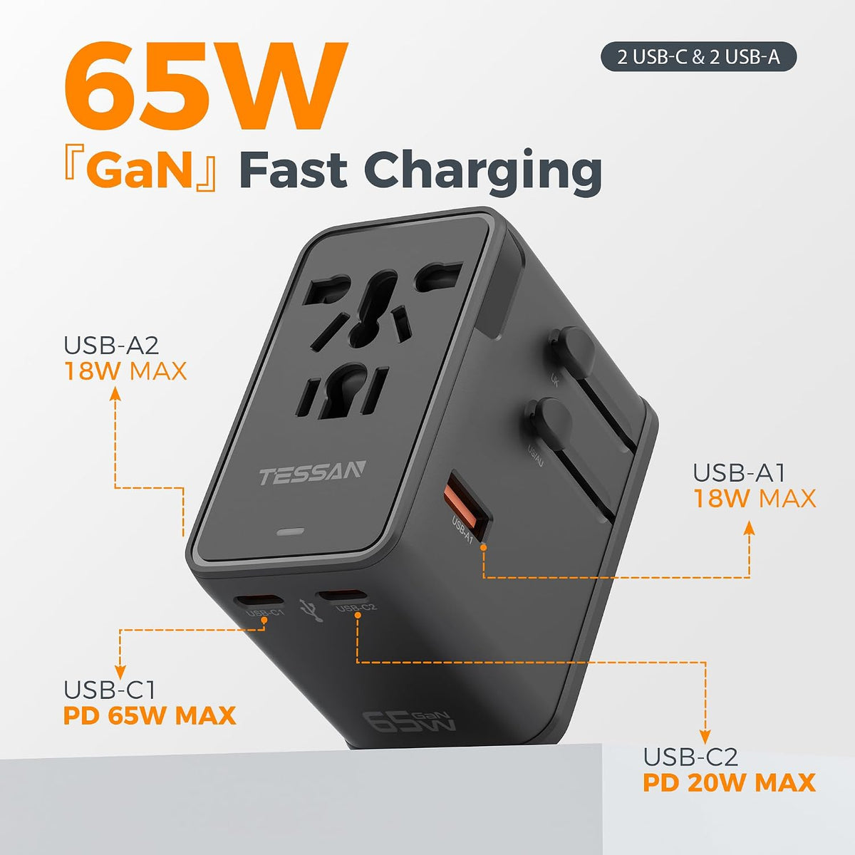 TESSAN Universal Travel Adapter, 65W International Power Adapter