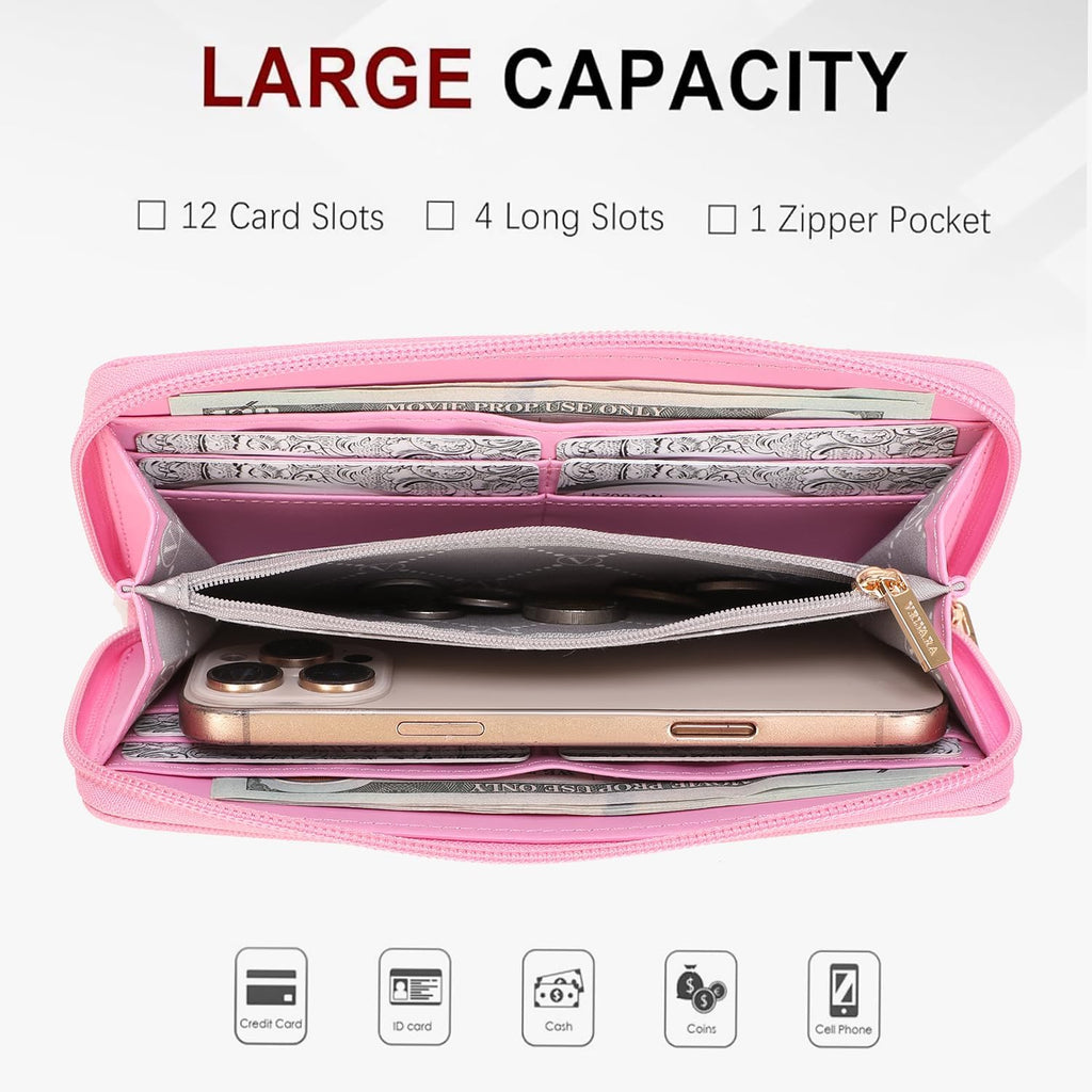 Women’s RFID Blocking Wristlet Wallet, Slim PU Leather Bifold Card Holder with Zip-Around Closure and Wrist Strap, Pink