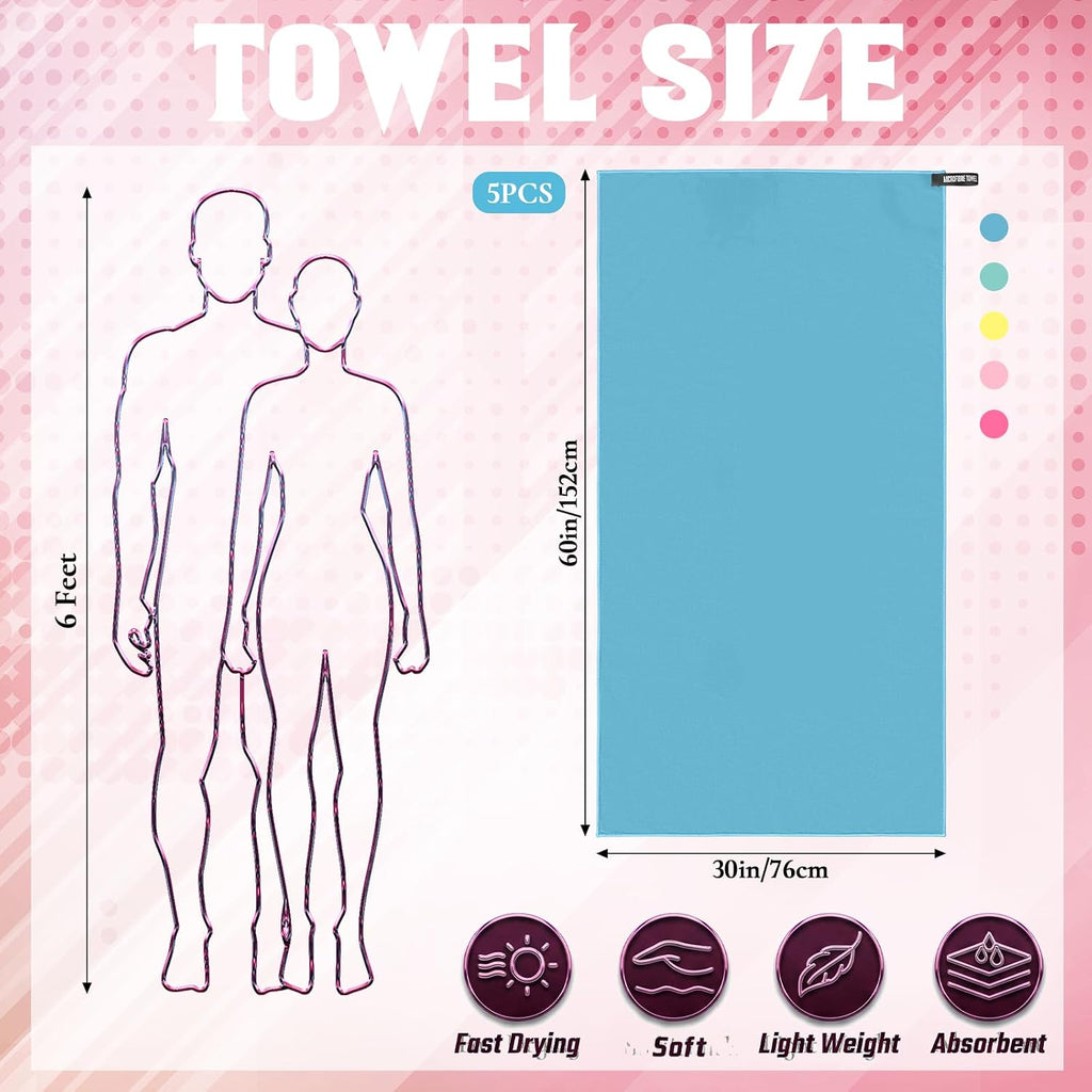 Fanfanwin 5 Pcs Microfiber Gym Bath Towel 60" x 30" Quick Dry, Vibrant