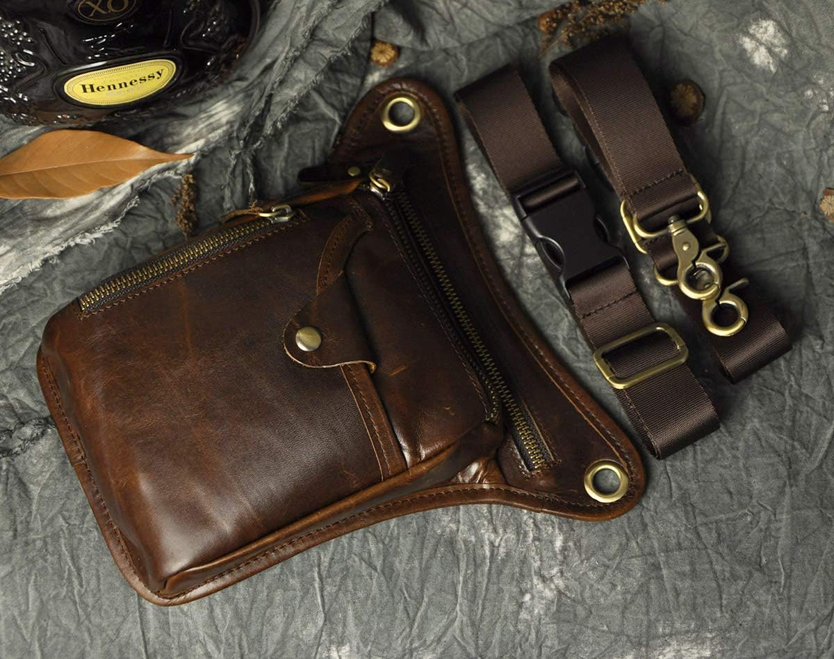 Le'aokuu Mens Genuine Leather Outdoor Sporting Hiking Waist Hip Pack Messenger Shoulder Drop Leg Thigh Bag Pouches For Women 211-5 (Brown 2)