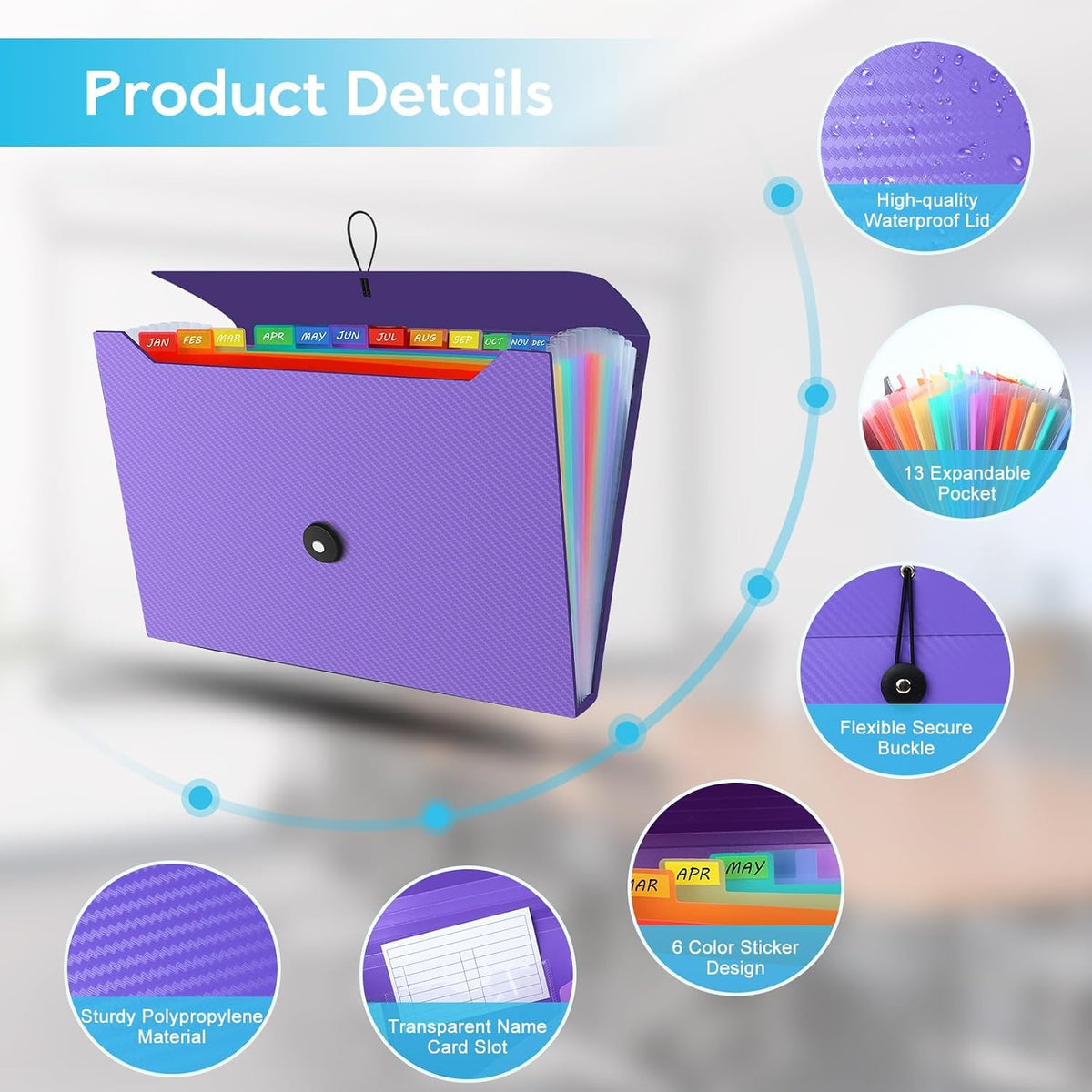 Accordion File Organizer, Expanding File Folder for Sorting Documents and Papers, 13 Pockets File Storage Organizer for Home, Travel and Office Use, Hospital Bag Essentials (Purple)