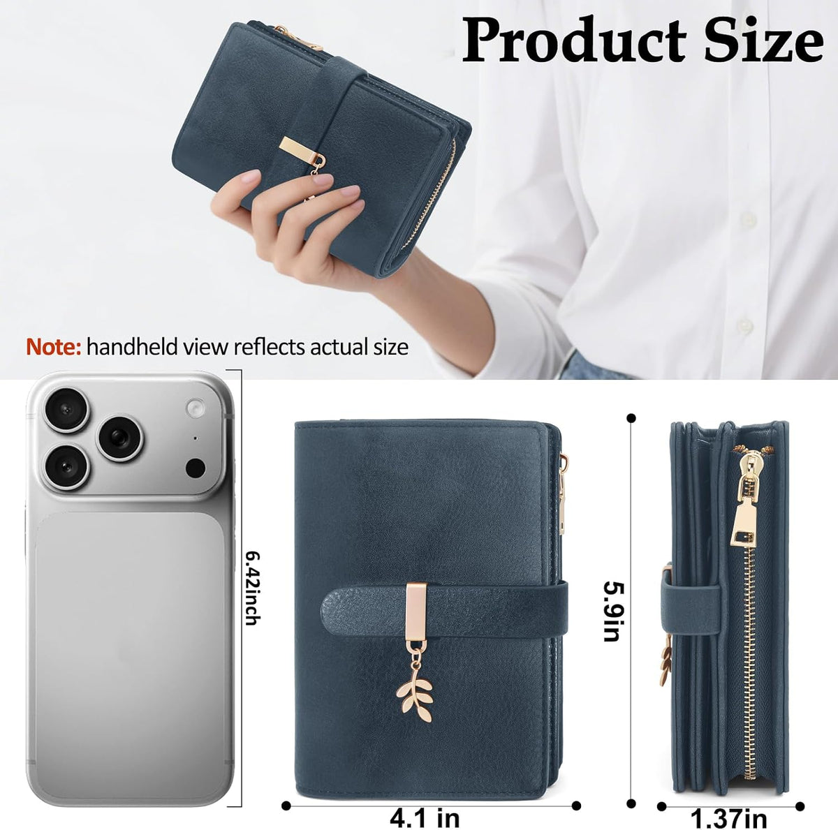 Womens RFID Blocking Trifold Wallet PU Leather Card Holder Dark Blue