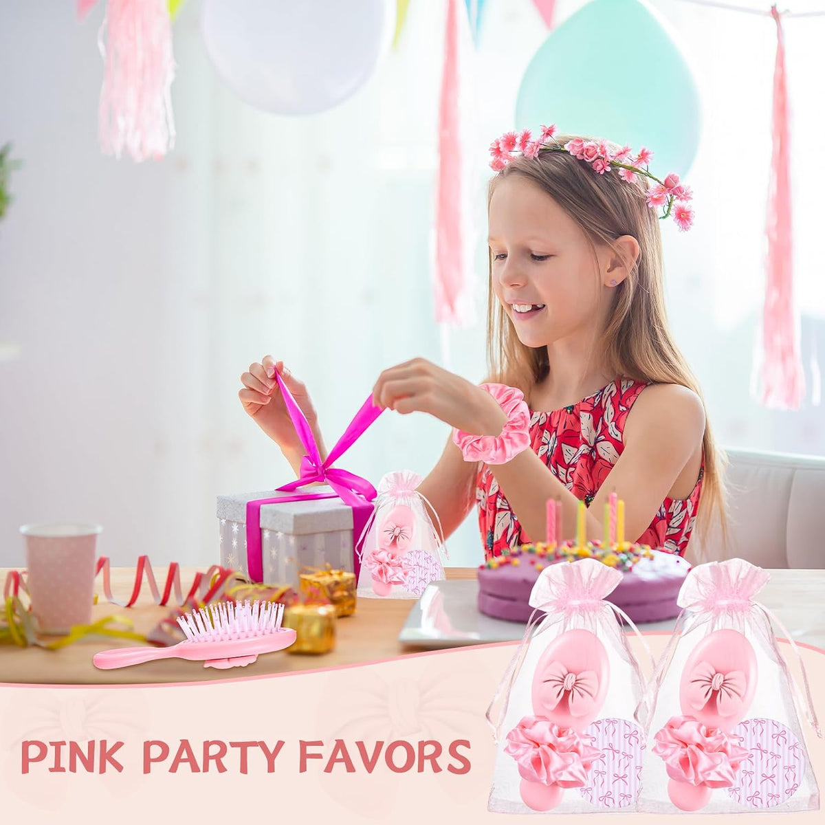 20Sets-80Pcs Pink Bow Coquette Party Favors Hair Brushes Foldable Mini Combs Pocket Cosmetic Mirrors Hair Scrunchies Trip Weekend Gifts for Sleepover Spa Birthday Party Bridal Back to School