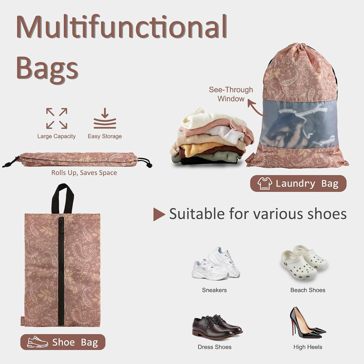 U+U 5 Set Packing Cubes, Travel Organizers with Shoe Bag (Paisley Pattern)