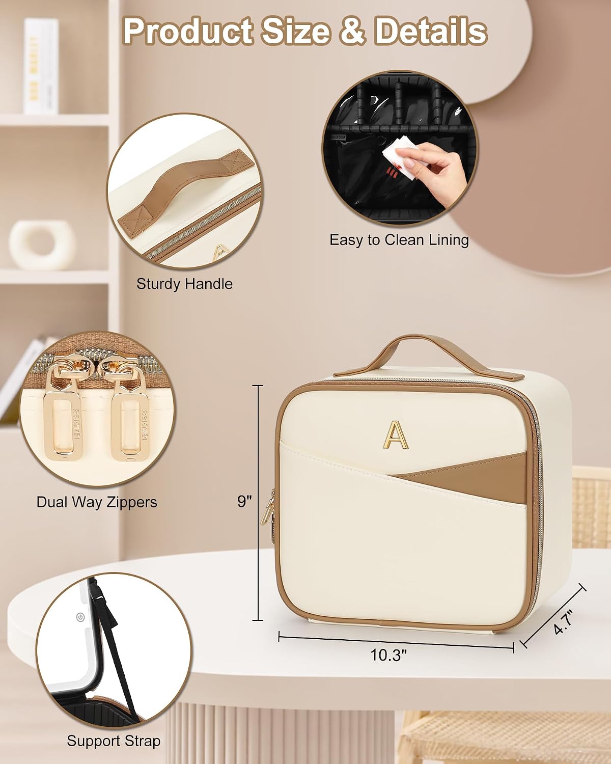 Relavel Birthday Gifts for Women Teen Girls, Initial Makeup Bag with LED Mirror, Personalized Cosmetic Organizer with 3 Light Modes, Rechargeable Travel Bag with Compartment & Adjustable Dividers - L