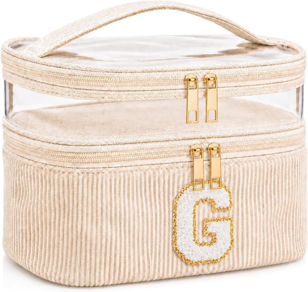 Initial Makeup Bag for Women, Double Layer Corduroy Cosmetic Bag, Preppy Letter Travel Toiletry Pouch, Large Capacity Makeup Organizer for Travel, Purse, Vanity & Gifts (Beige, G)