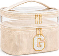 Initial Makeup Bag for Women, Double Layer Corduroy Cosmetic Bag, Preppy Letter Travel Toiletry Pouch, Large Capacity Makeup Organizer for Travel, Purse, Vanity & Gifts (Beige, G)
