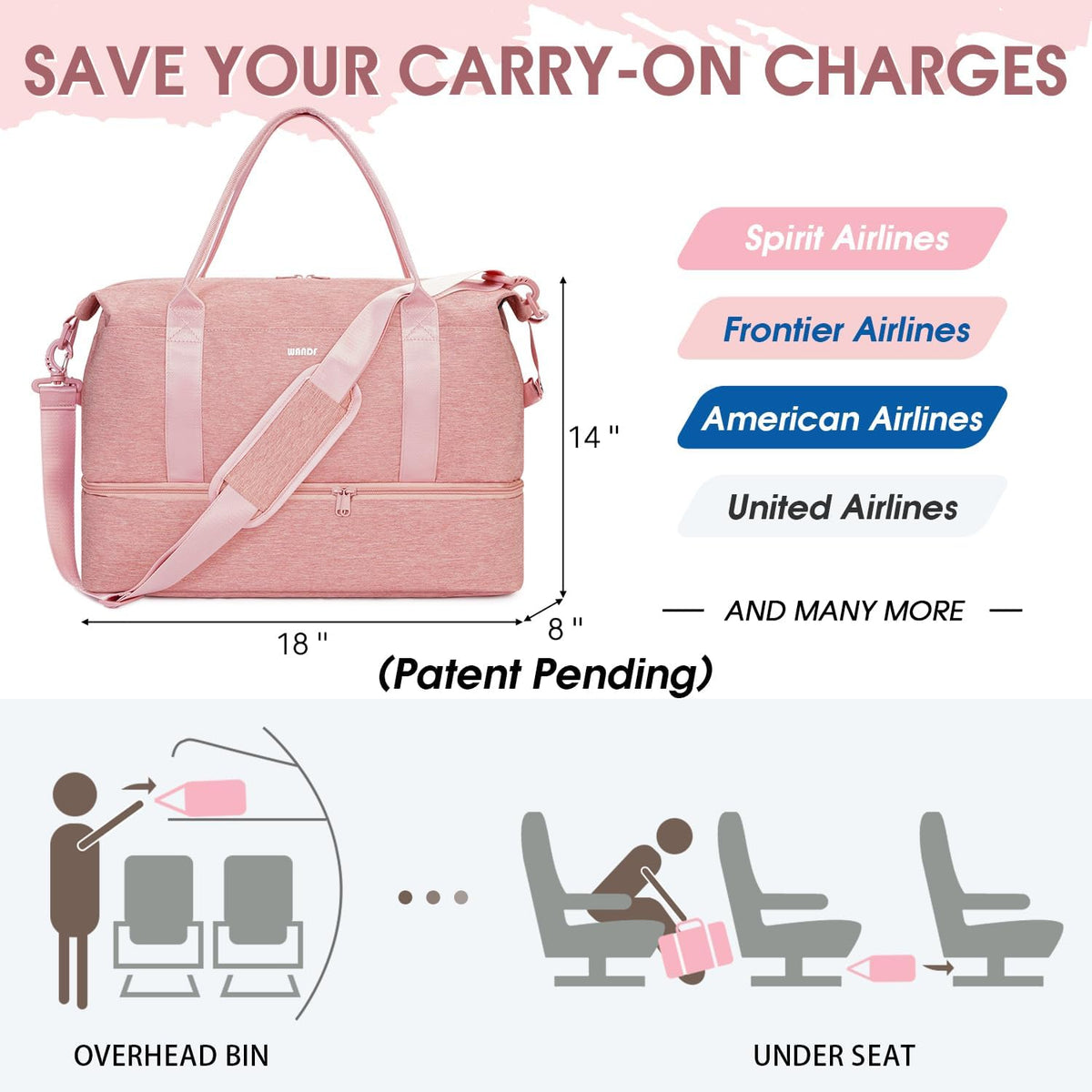 WANDF Personal Item Travel Bag, Carry On Weekender Bag for Women
