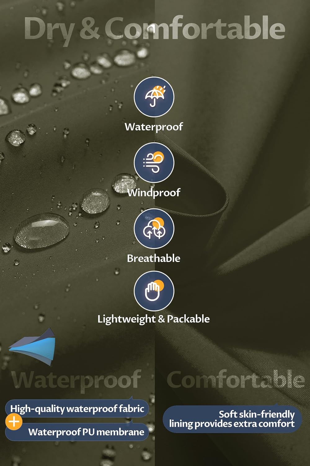 CREATMO US Men's Long Rain Coat Waterproof Packable Rain Jacket Outdoor Lightweight Windbreaker with Hood