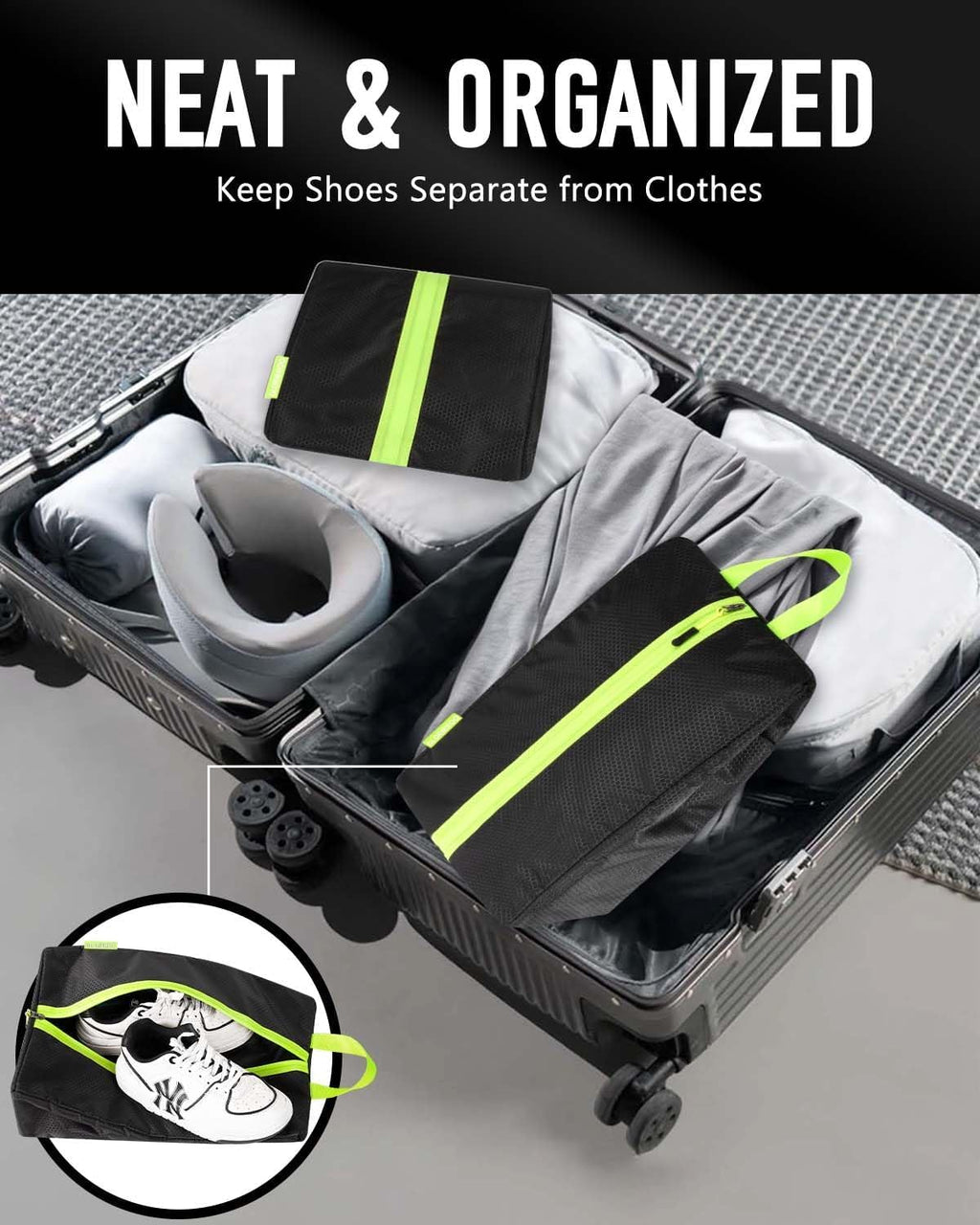 GLORIEROO Smell Proof Shoe Bags for Travel-Soccer Cleat Bag Smell Proof with Active Carbon Fabric | Odor-Absorbing Water-Resistant Track Shoe bags for Sports (Black & Grey, UP TO US14)