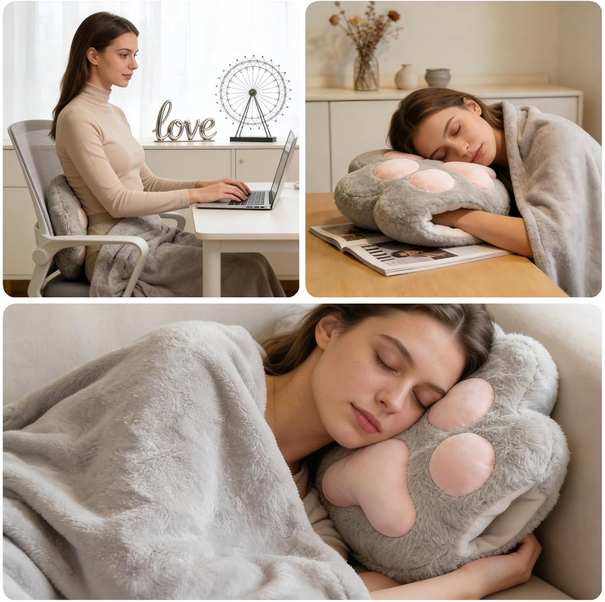RYOLOY Cat Paw Warm Hand Pillow,with 66 * 35Inch Travel Blanket,2 in 1 Travel Pillow and Blanket Set,for Car Office Camping Essentials (Grey)