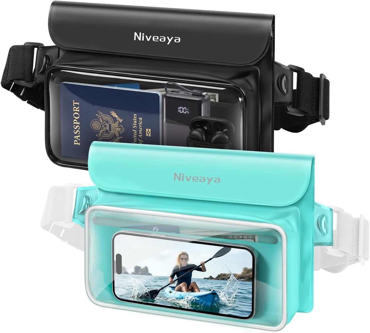 Niveaya IPX8 Floating Waterproof Fanny Pack Holds Phone, Passport & Cash