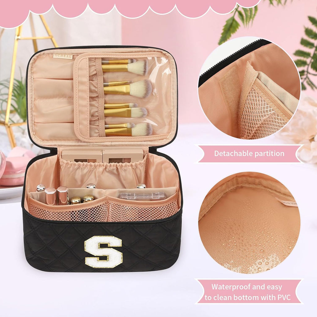 OCHEAL Makeup Bag for Women, Monogram Cosmetic Bag Black Travel Makeup Case Beauty Toiletry Bag Organizer Personalized Gifts for Girls Bridesmaid, Sister, Wife, Friends Initial S