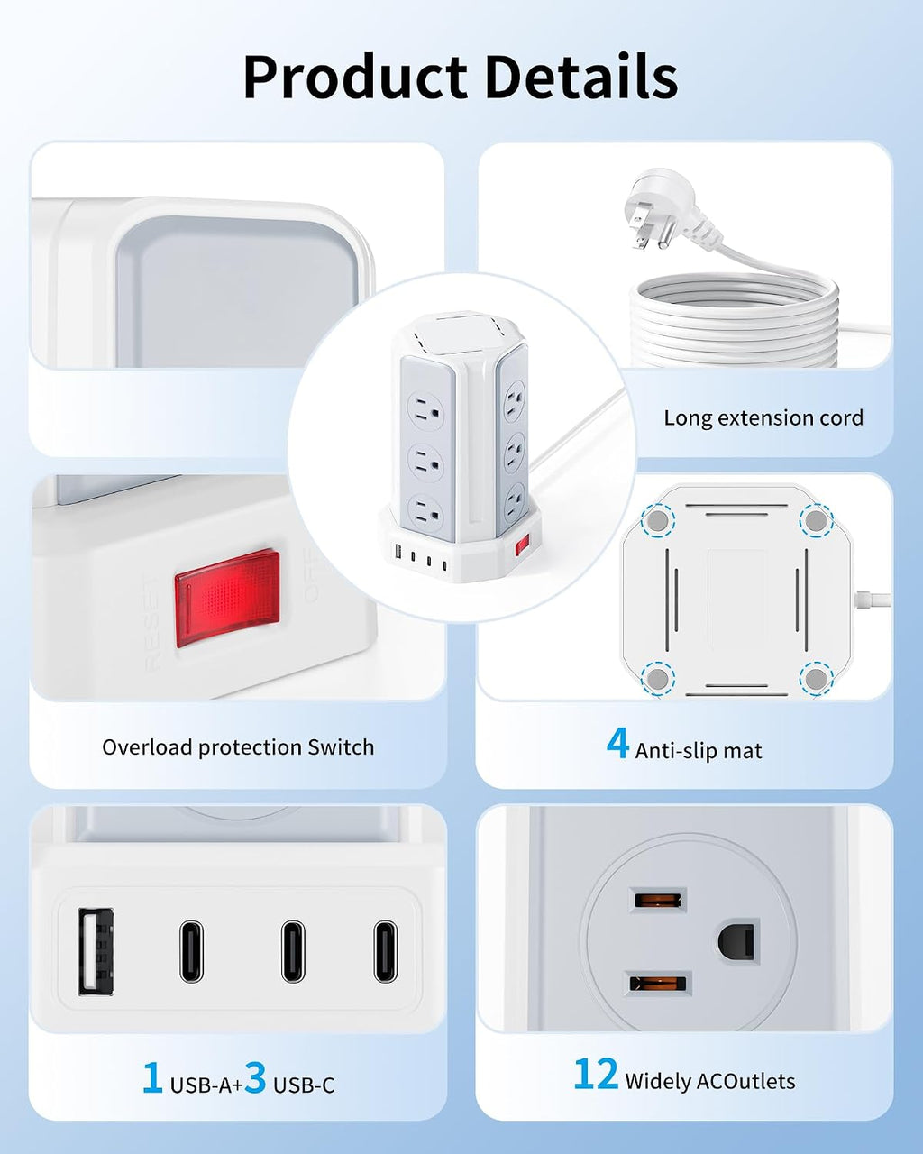 White Power Strip, 6.5 Ft Extension Cord with 12 AC Multiple Outlets 4 USB (2 USB C), SMALLRT Power Strip Tower Desktop Charging Station