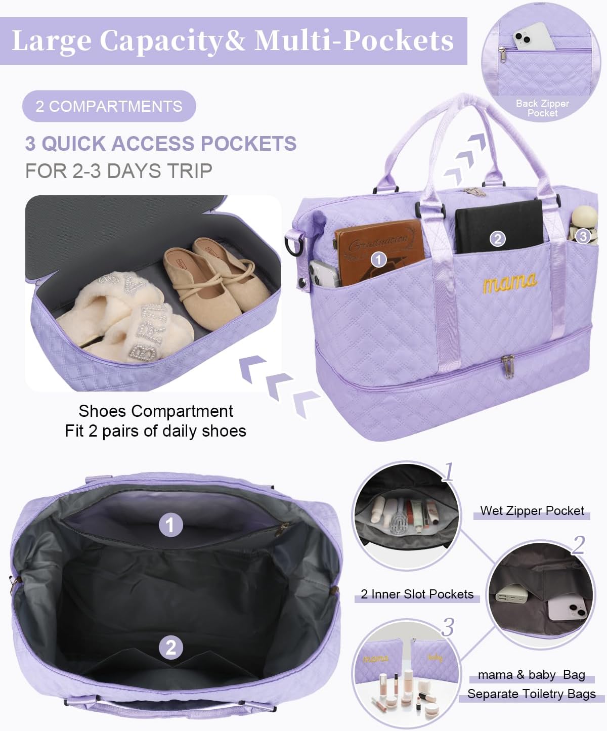 Mama Baby Pregnancy Hospital Bag Essentials for Women Labor Delivery Diaper Organizer with Shoe Compartment,2 Waterproof Toiletry Pouch Travel Duffle Bag for Mommy Weekender Overnight Gym Gifts,Purple