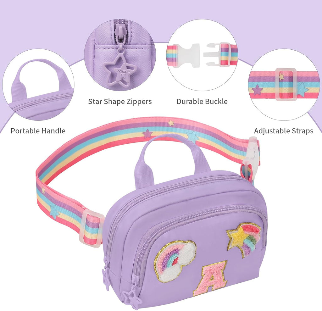 Fanny Pack for Girls, Cute Purse for Girls Teens Crossbody Bag for Kids Belt Bag With 2 Compartments Trendy Stuff Graduation Birthday Gifts for 4 5 6 7 8 9 10 11 12 13 Years Old Initial A-Purple