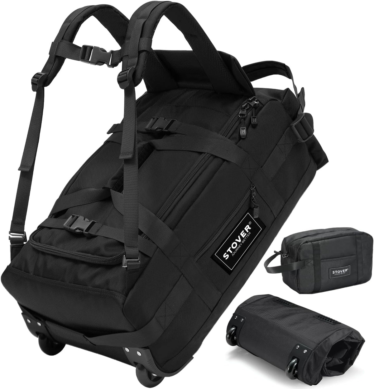 STOVER 45/80/100/120L U-Zip Carry-On Rolling Duffel Bag with Wheels, Medium Travel Duffle w/Toiletry Bag, Heavy-Duty, Foldable w/Shoulder Straps- Use as Luggage or Backpack, Men/Women (Black)