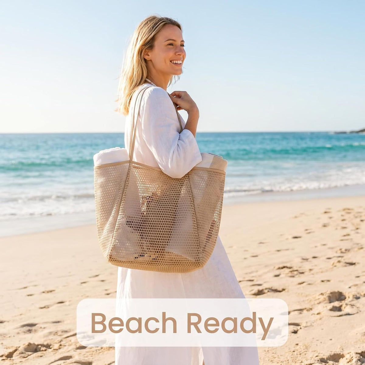 Women's Beach Bags, Lightweight Mesh Tote Bag, Sandproof Woven Shoulder Handbag with Zipper Pocket for Pool Travel
