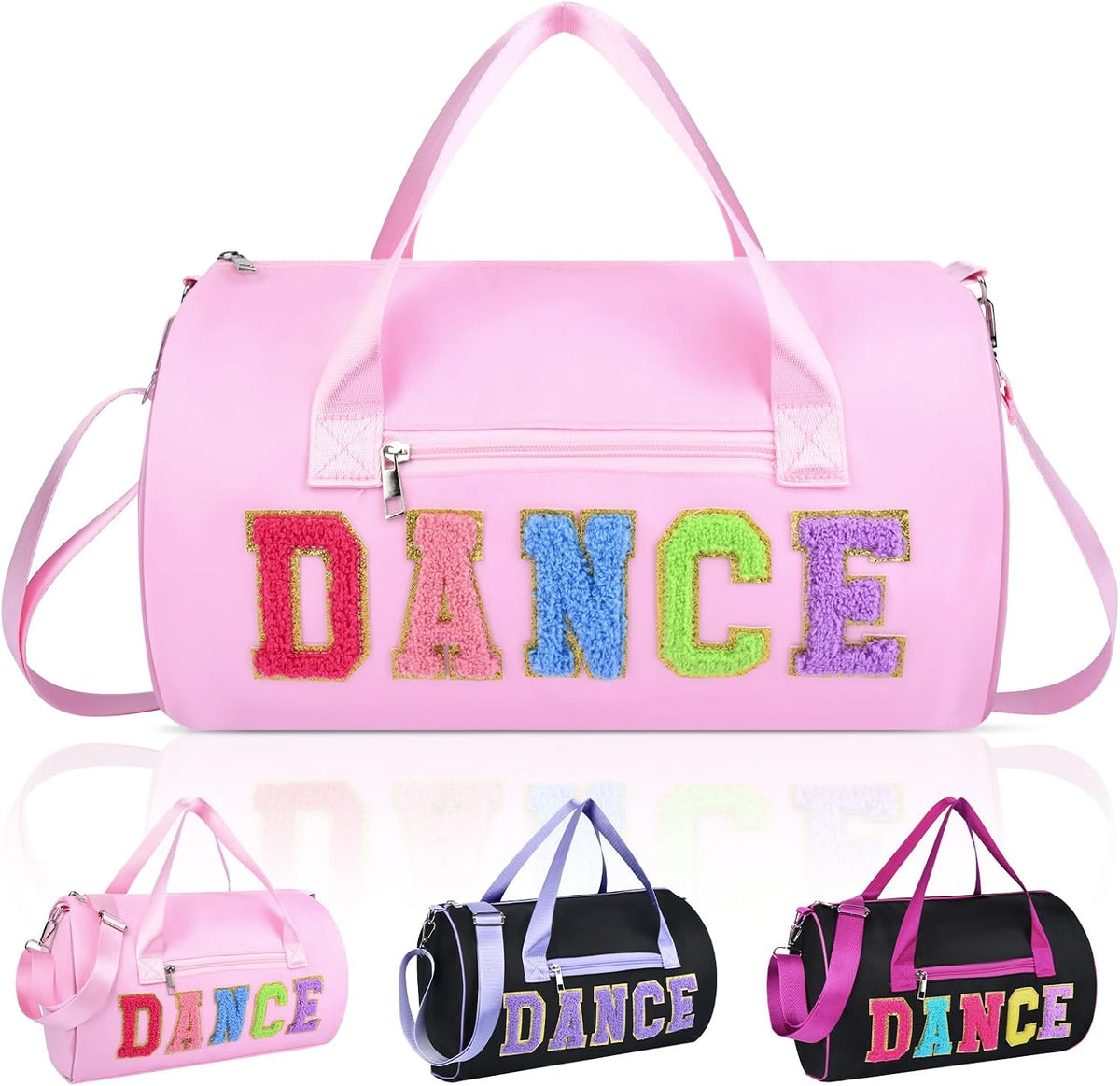 Dance Bag for Girls, KUIRAN 23L Waterproof Travel Duffel Bag with Colorful Chenille Letter, Lightweight Small Gym Sport Ballet Bag Weekender Bag with Large Main Compartment - Pink