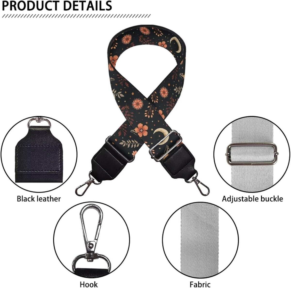 Coldinair Moon Floral Purse Strap with Adjustable Replacement Bag Straps Wide Bag Straps for Canvas Crossbody Purses Strap Messenger Bags Shoulder Handbag