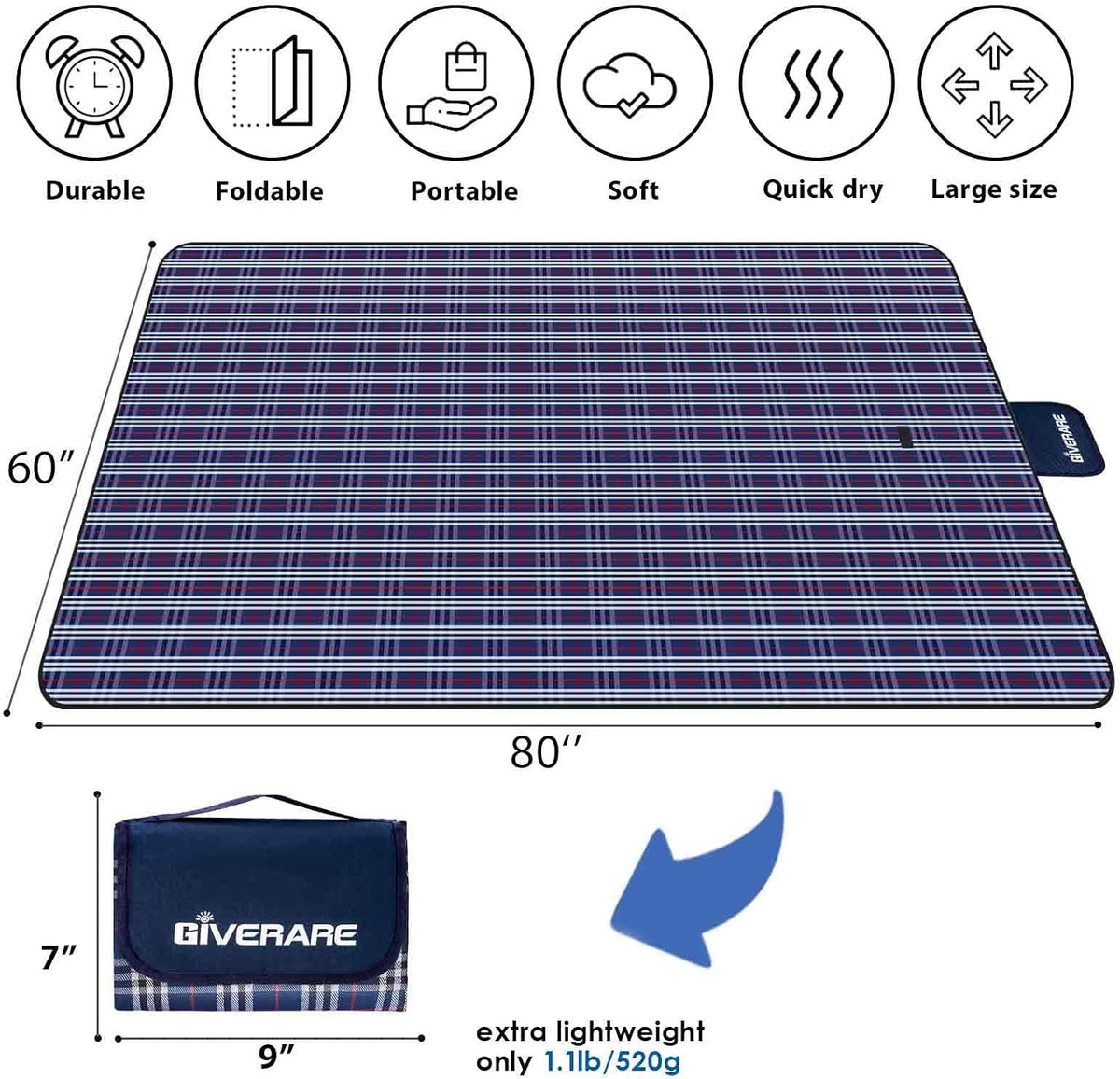 Picnic Beach Blanket, Sandfree Waterproof Outdoor Foldable Mat 80x60in