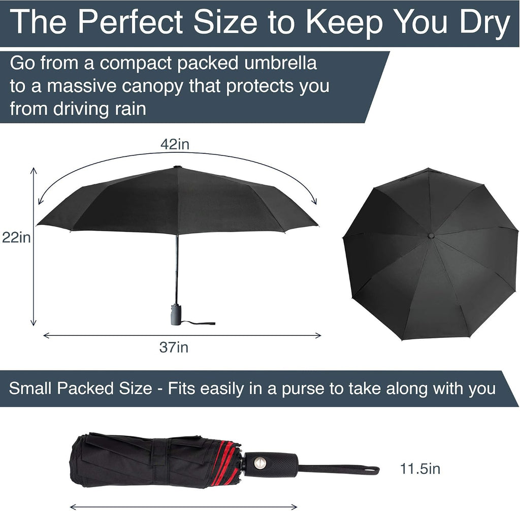 RainPlus Windproof Travel Umbrella - Compact, Automatic, Folding and Portable - Umbrellas For Rain for Men and Women - Car, Backpack, Purse, Strong & Wind Resistant
