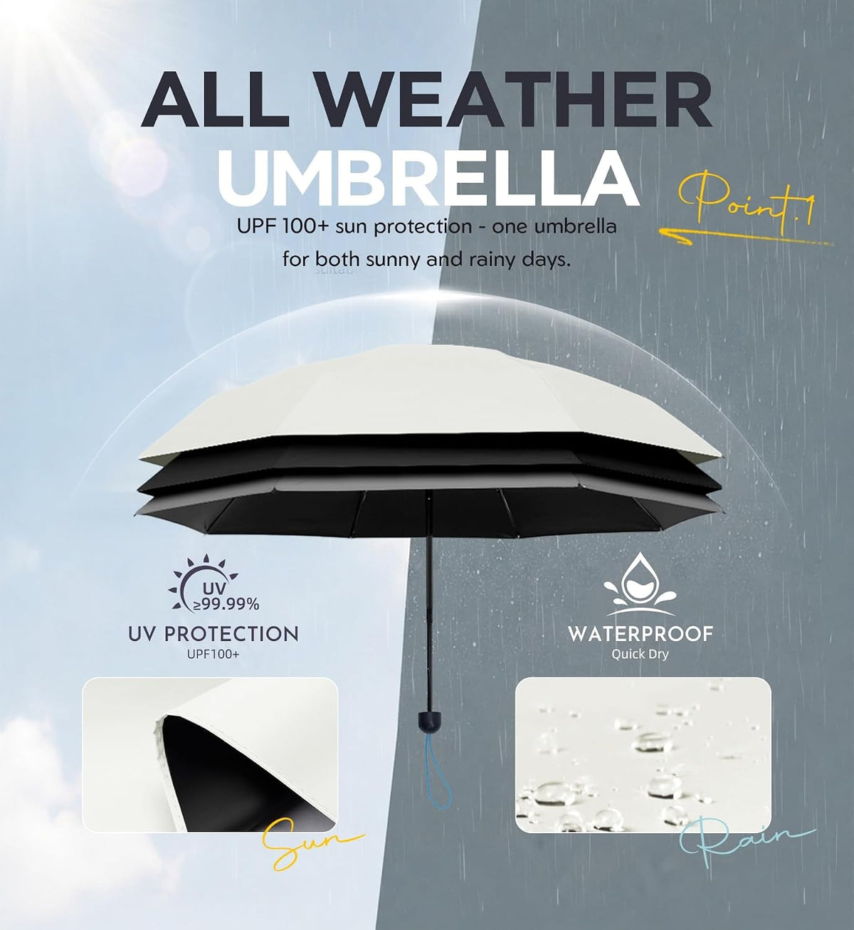 Umbrella Travel Size Mini Compact for Rain, UPF 100+ UV Protection
