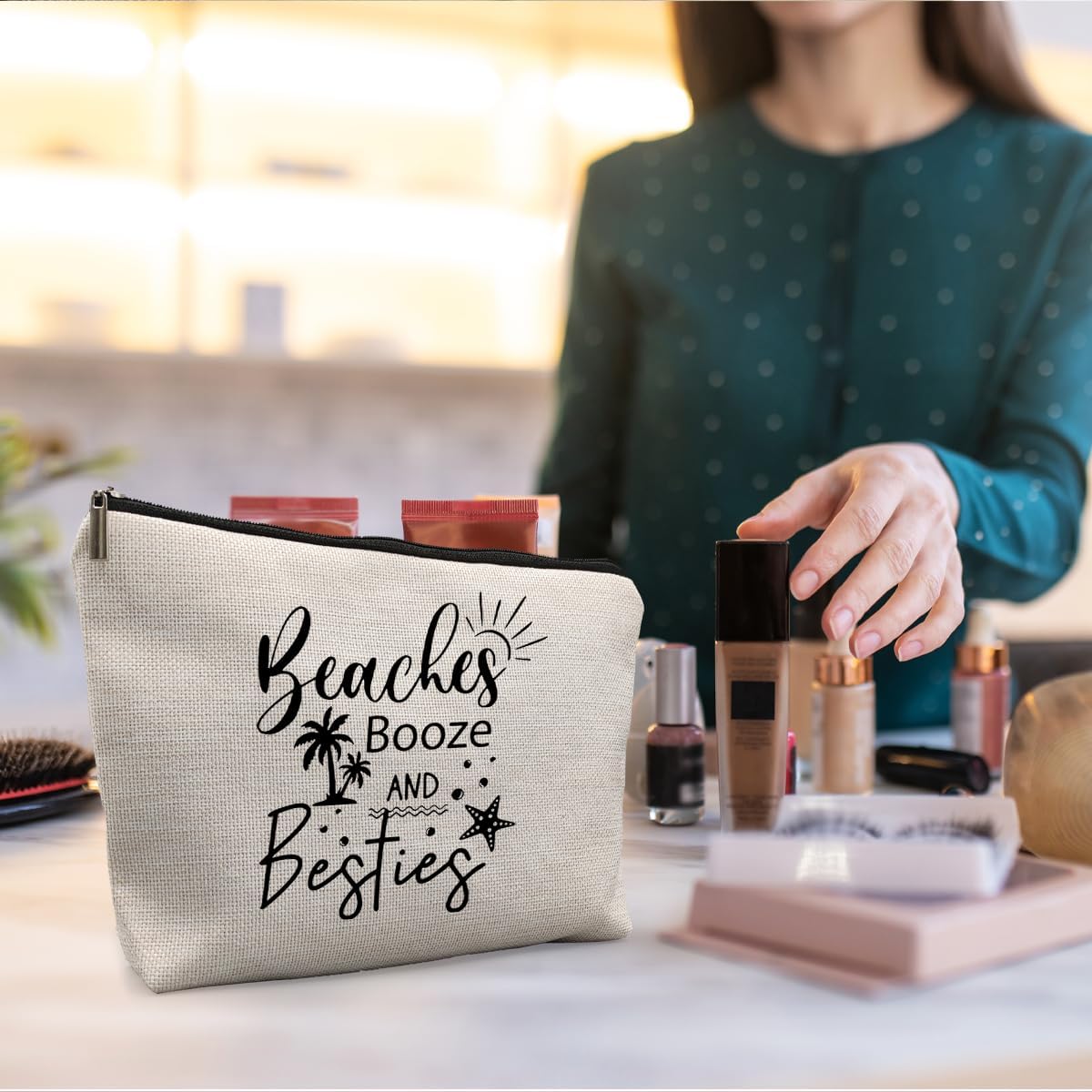 Girls Trip Gifts, Girls Weekend Bestie BFF Friendship Gifts for Women Friends, Beaches Booze and Besties Canvas Makeup Bag Cos