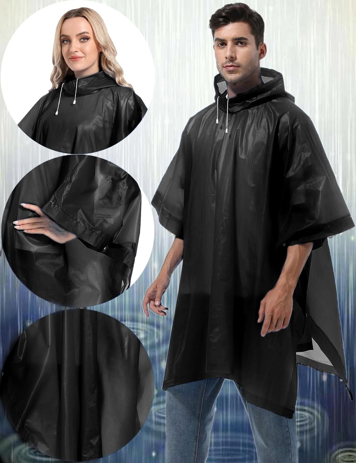 2-Pack Reusable Rain Ponchos for Adults, HOOMBOOM Raincoats Emergency Survival for Women/Men Hood and Drawstring