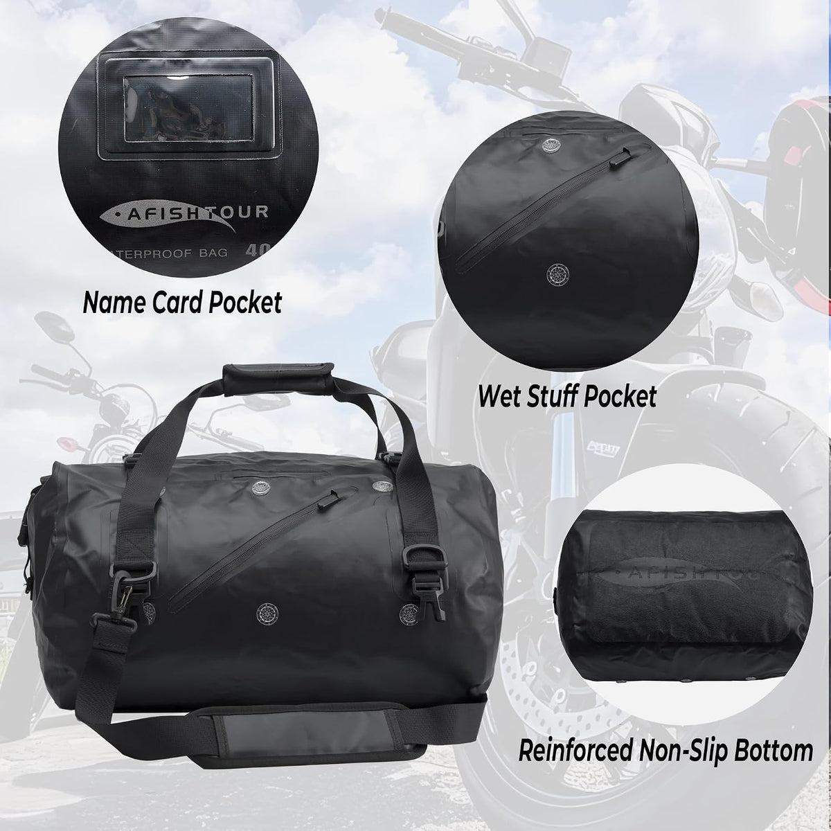 40L Waterproof Motorcycle Duffel Bag - Motorcycle Luggage Tail Bag with Straps for Back Seat - Roll Top Dry Bag for Kayaking, Rafting, Boating, Camping, Travel, Beach (Black)