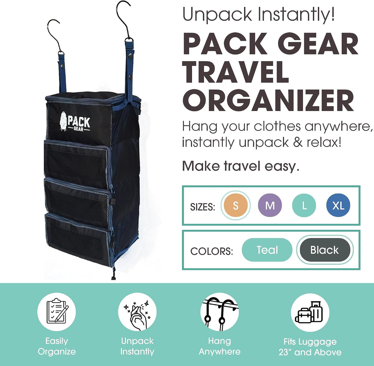 Pack Gear Small Hanging Carry-On Organizer with Mesh Windows, Black