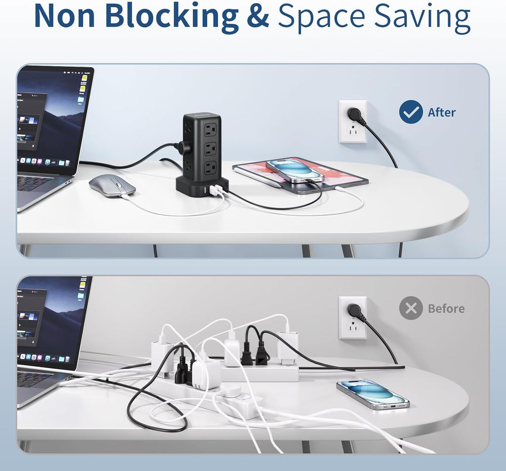 AnnTane Power Strip 6.5 FT Cord, Power Strip Tower with 4 USB Ports (1USB C), Extension Cord with 12 AC Multiple Outlets, Home Office Supplies Desk Accessories, Dorm Room Essentials