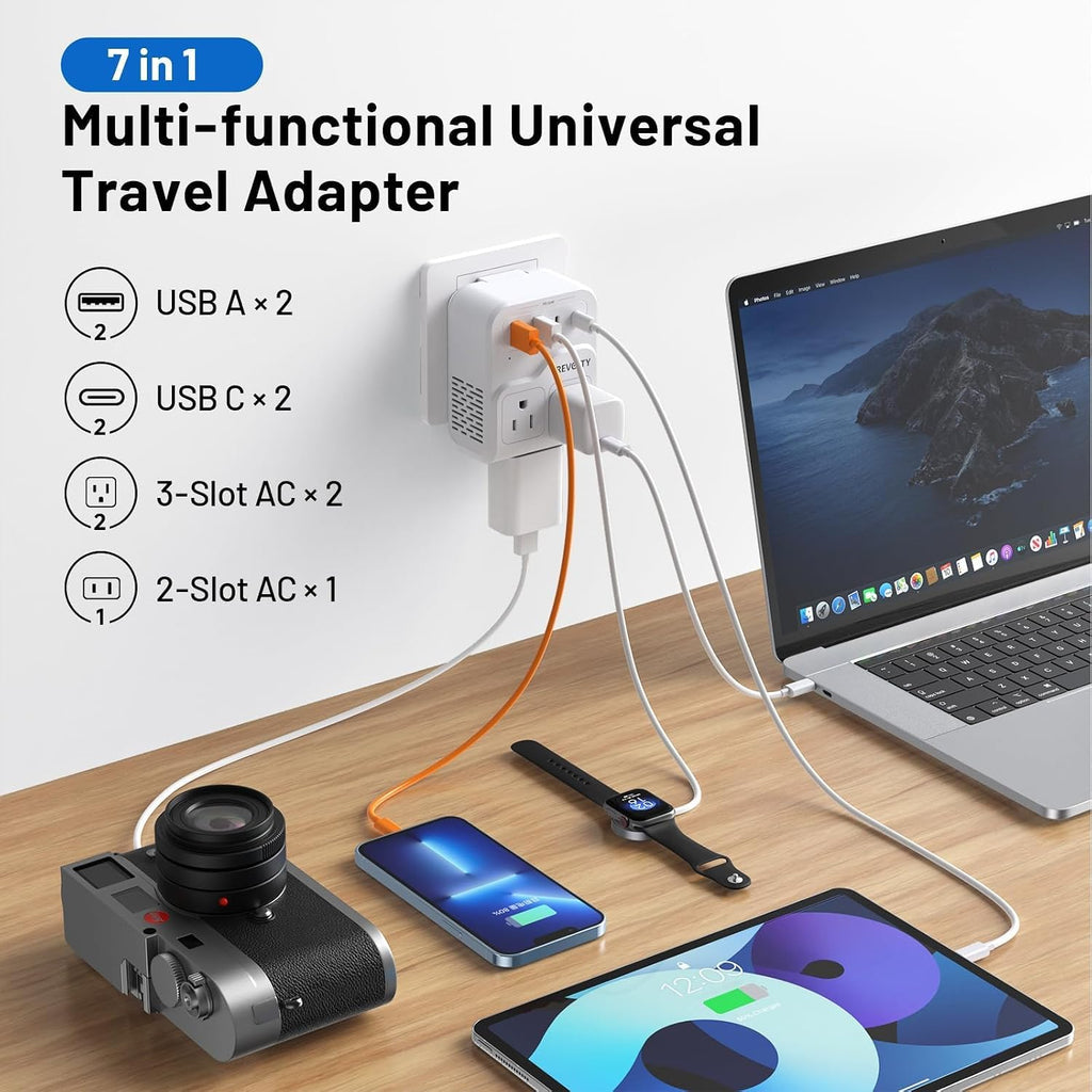 2000W European Travel Plug Adapter with 3 AC & 4 USB Ports, Universal Travel Adapter with Type A B C E/F G I (White)